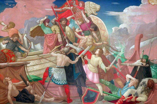 Alfred the Great, King of Wessex, and his Longships defeat the Danes, 877, painted by Colin Unwin Gill (1892–1940)
Parliamentary Art Collection, UK